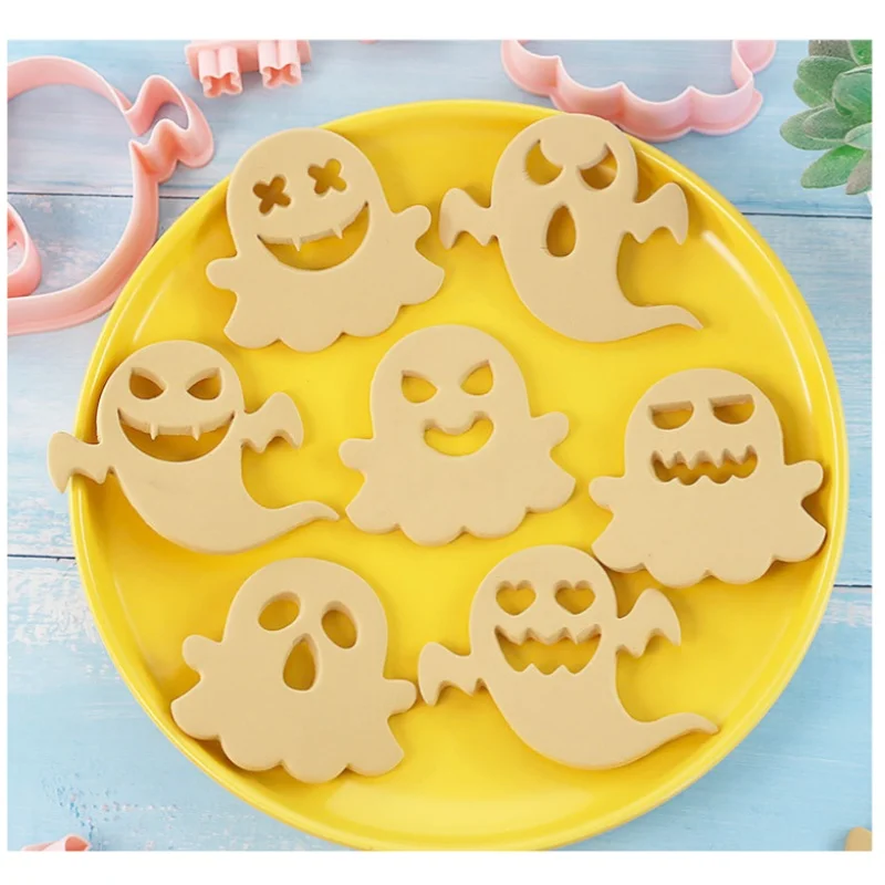 Halloween Cookie Cutters DIY 10Pcs/ Set Ghost Face Biscuit Fondant Embosser Stamp Cake Decorating Tool Baking Supplies