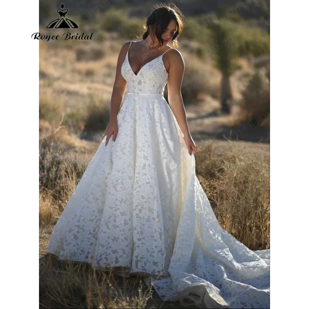 

Roycebridal 2025 New Puls Size V Neck Full Lace A Line Wedding Dress with Belt Spaghetti Strap Court Train Customized שמלות ערב