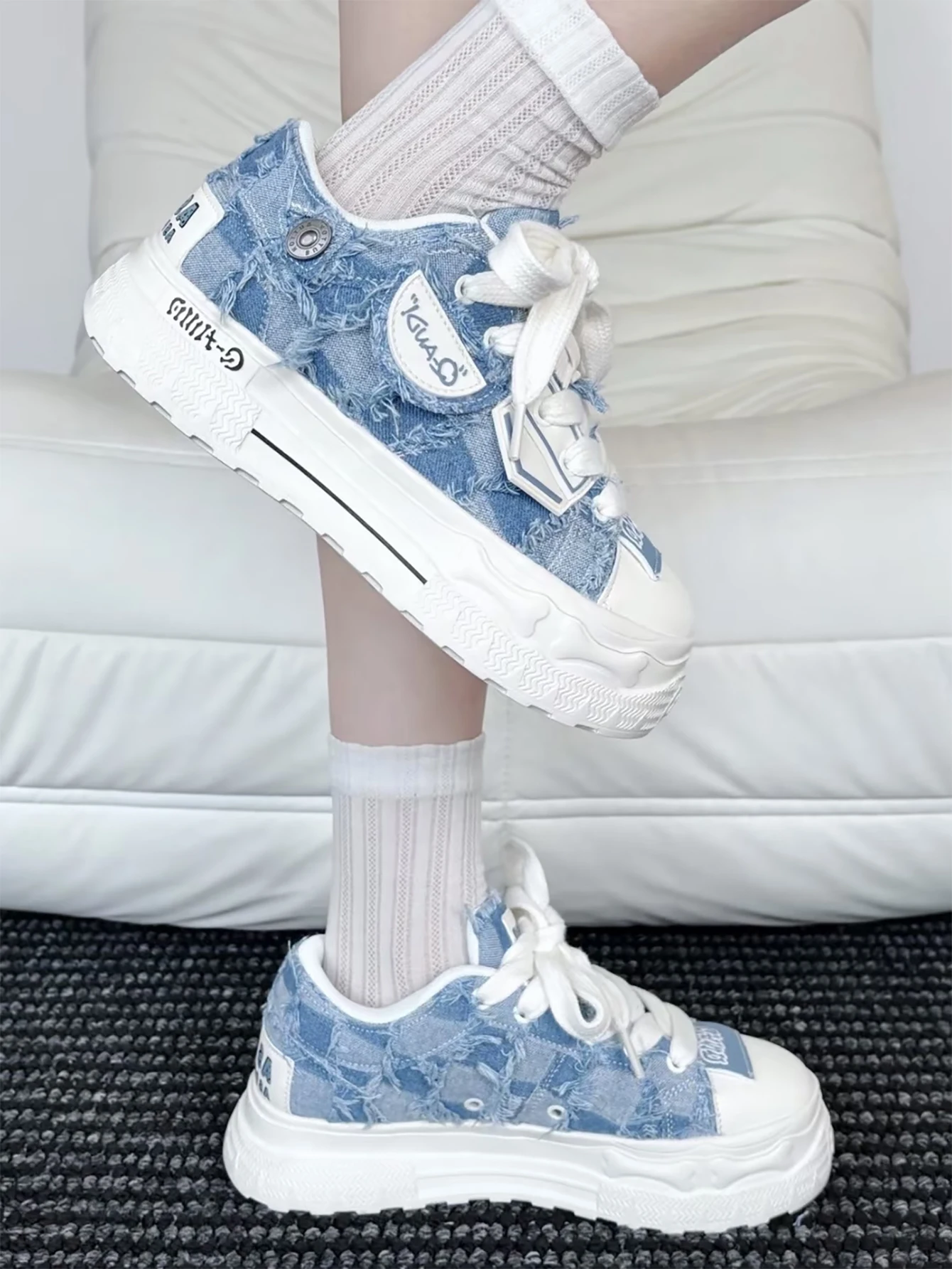 New Autumn And Winter washed denim fabric tassel detail daily wear board shoes casual chunky sole height boost skate sneakers
