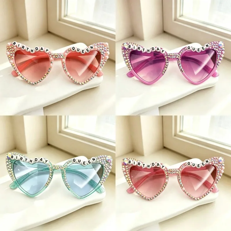 Birthday Queen Sunglasses Heart Shaped Shiny Bling Diamond Pearl Sunglasses for Women Birthday Party Gift Favors