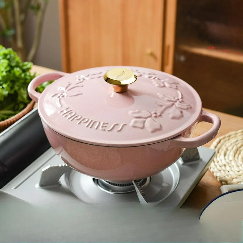 23cm Enamel Pot Relief Pattern Braising Casserole Non-Stick Coating Soup Cooker for Induction Stove Home Kitchen Cooking Set