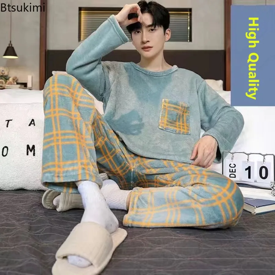 

Autumn Winter Men's Thickened Flannel Pajama Sets Plaid Printed Long Sleeve Pants Nightwear Male Coral Fleece Warm Homewear Suit