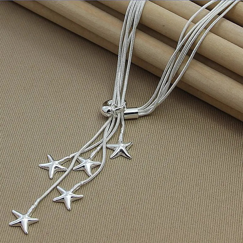 

925 Sterling Silver Five Snake Chain Starfish Necklace For Women Wedding Engagement Fashion Jewelry
