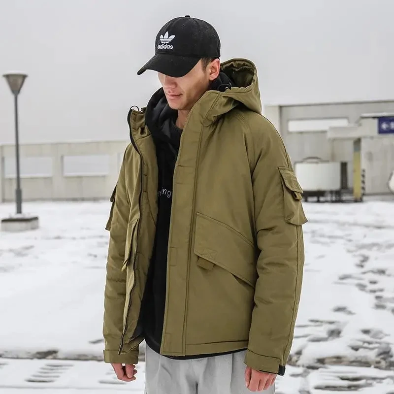 Katoenen Jas Mannen Winter Nieuwe Zakken Dikke Korte Hooded Gewatteerde Jas Paar Parka Casual Tooling Bovenkleding Effen Chaquetas