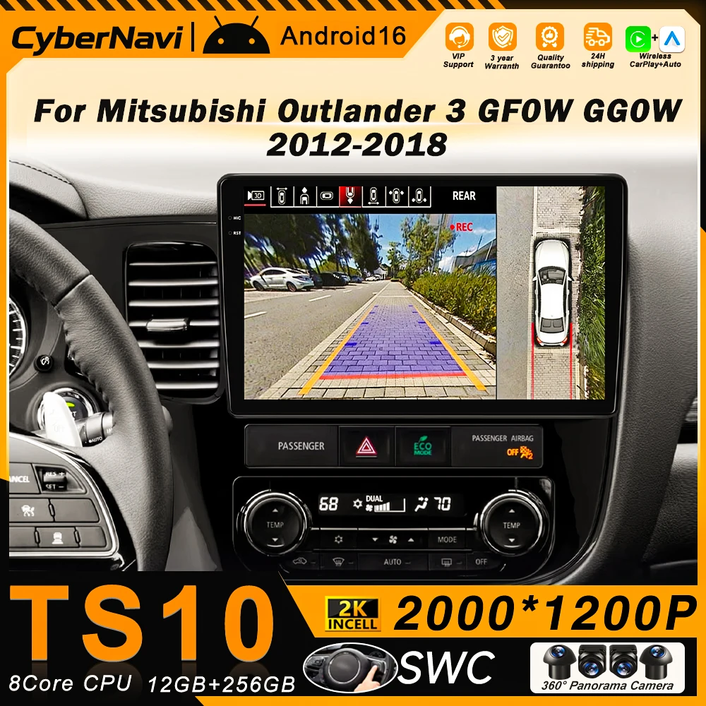 Автомобильная магнитола для Mitsubishi Outlander 3 GF0W GG0W 2012 2013 2014 2015 2016 2017 2018 с Bluetooth, экраном, навигацией, беспроводным DVD и Android Auto.