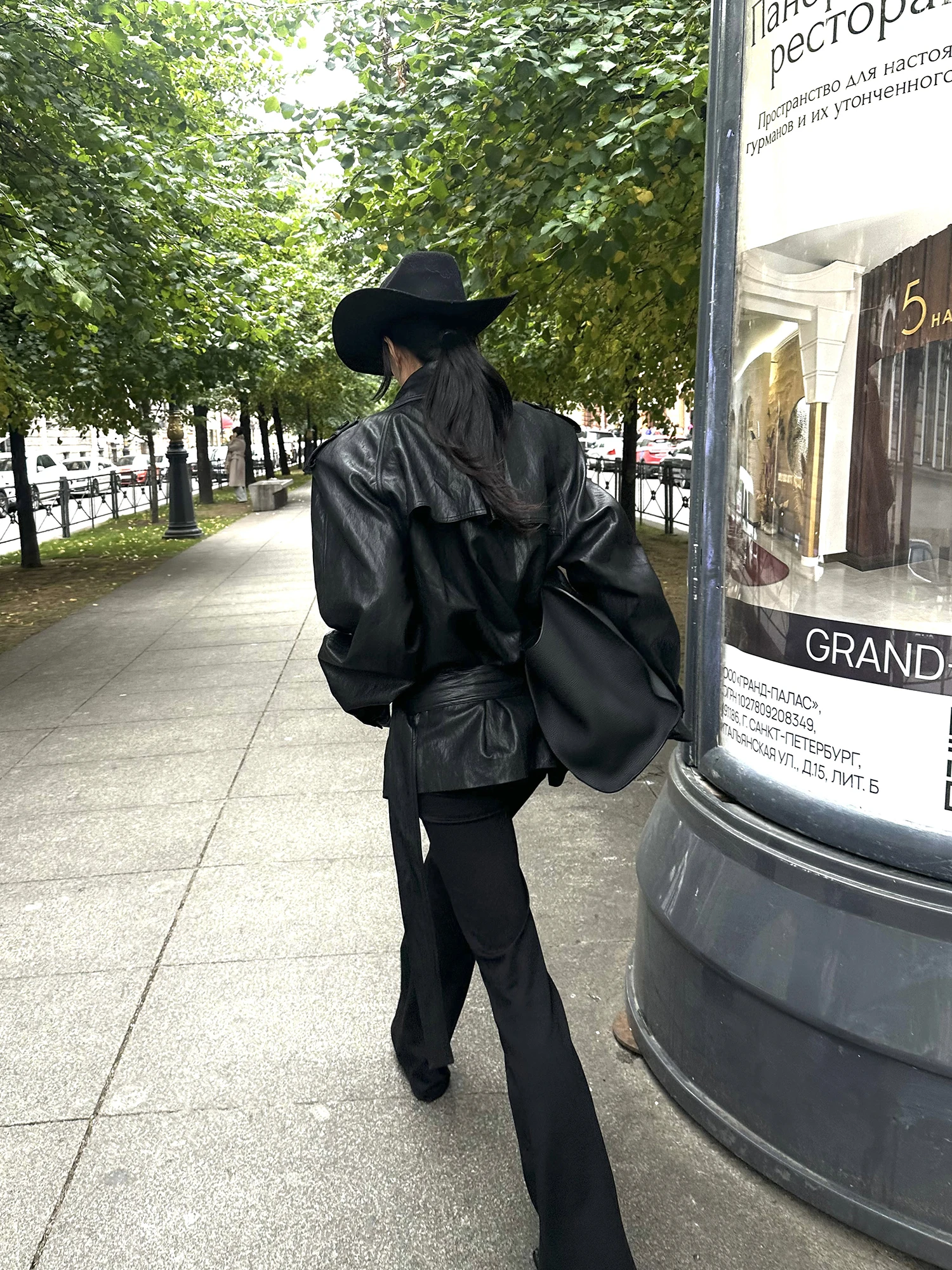 เสื้อแจ็คเก็ตหนัง Rovente Bla คอตั้งทรงหลวมสำหรับผู้หญิง สไตล์อเมริกันเรโทร แขนยาว แฟชั่นลำลอง