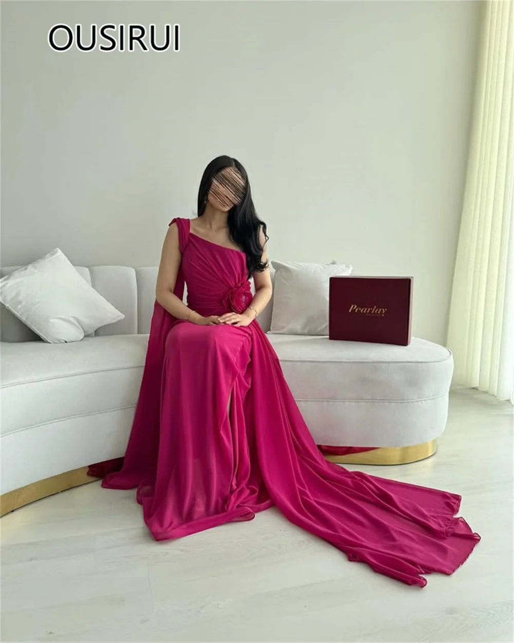 Custom Made One Shoulder Chiffon Pleated Saudi Arab Bridesmaid Gown Long Open Back Court Flowers Evening Gown with Cape