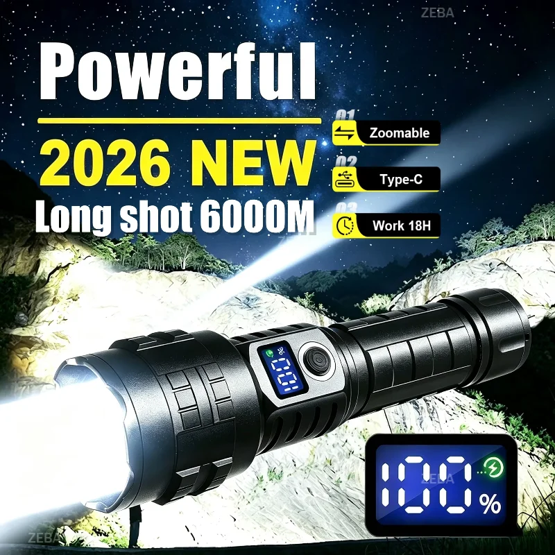 2026 New Powerful LED Flashlight Long Shot 6000M Zoomable Light USB Rechargeable Torch For Outdoor Camping Hiking Emergency