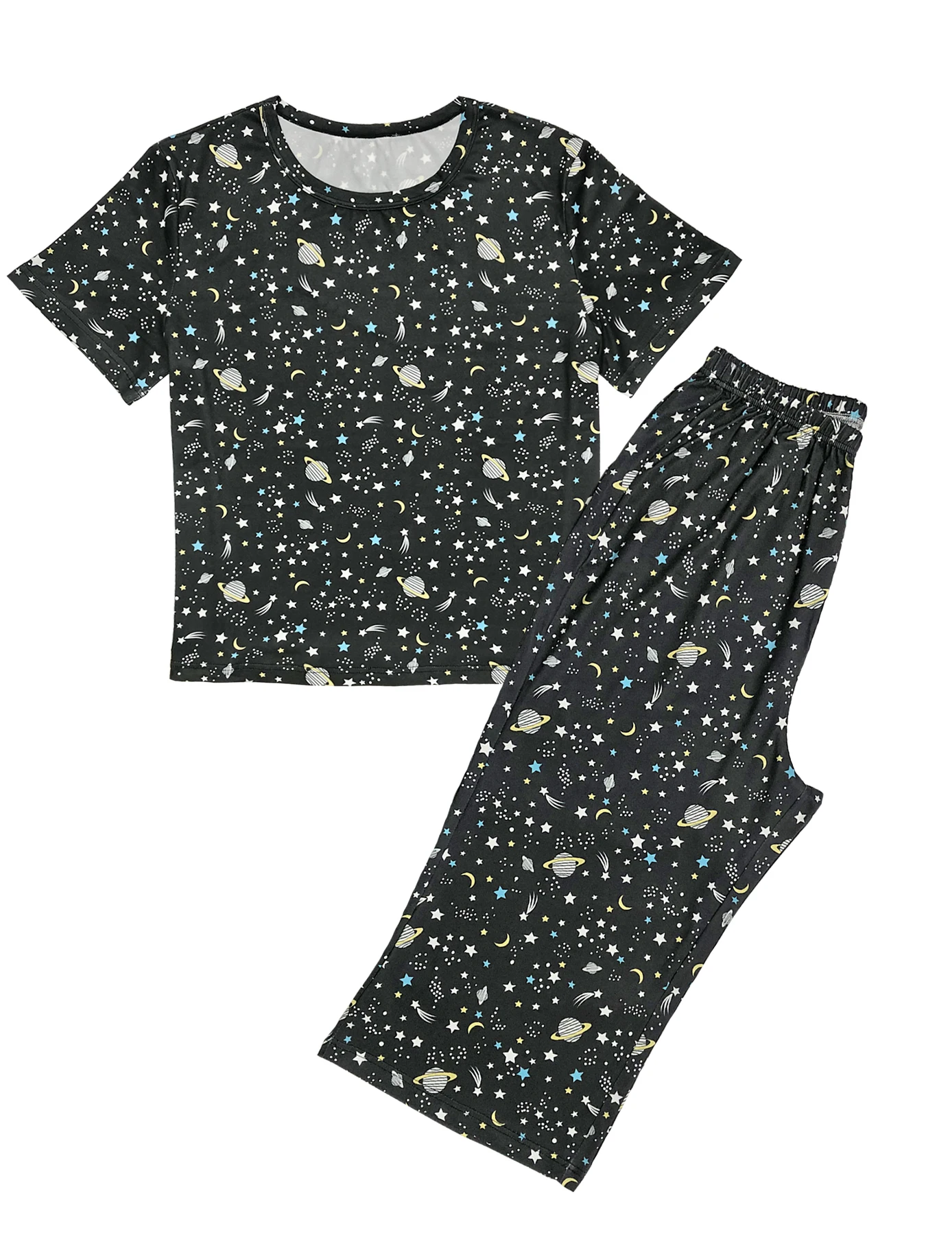 Galaxy Print Pajama Set For Women Casual Short Sleeve Round Neck Top Capri Pants Women\'s Sleepwear Set