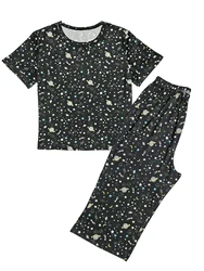 Galaxy Print Pajama Set For Women Casual Short Sleeve Round Neck Top Capri Pants Women's Sleepwear Set