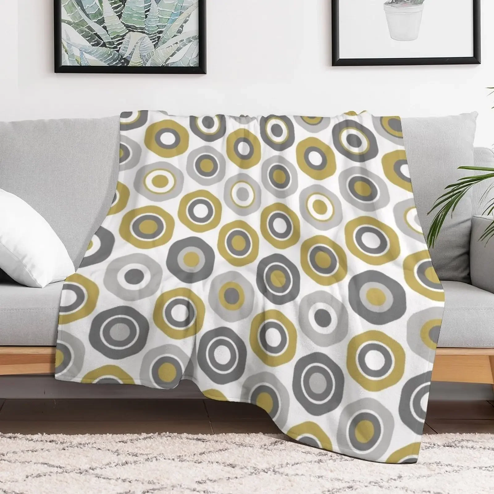 Buttons Geometric Honeycomb Pattern in Gray and Burnished Gold Throw Blanket Stylish Warm Blanket for Living Room Bedroom