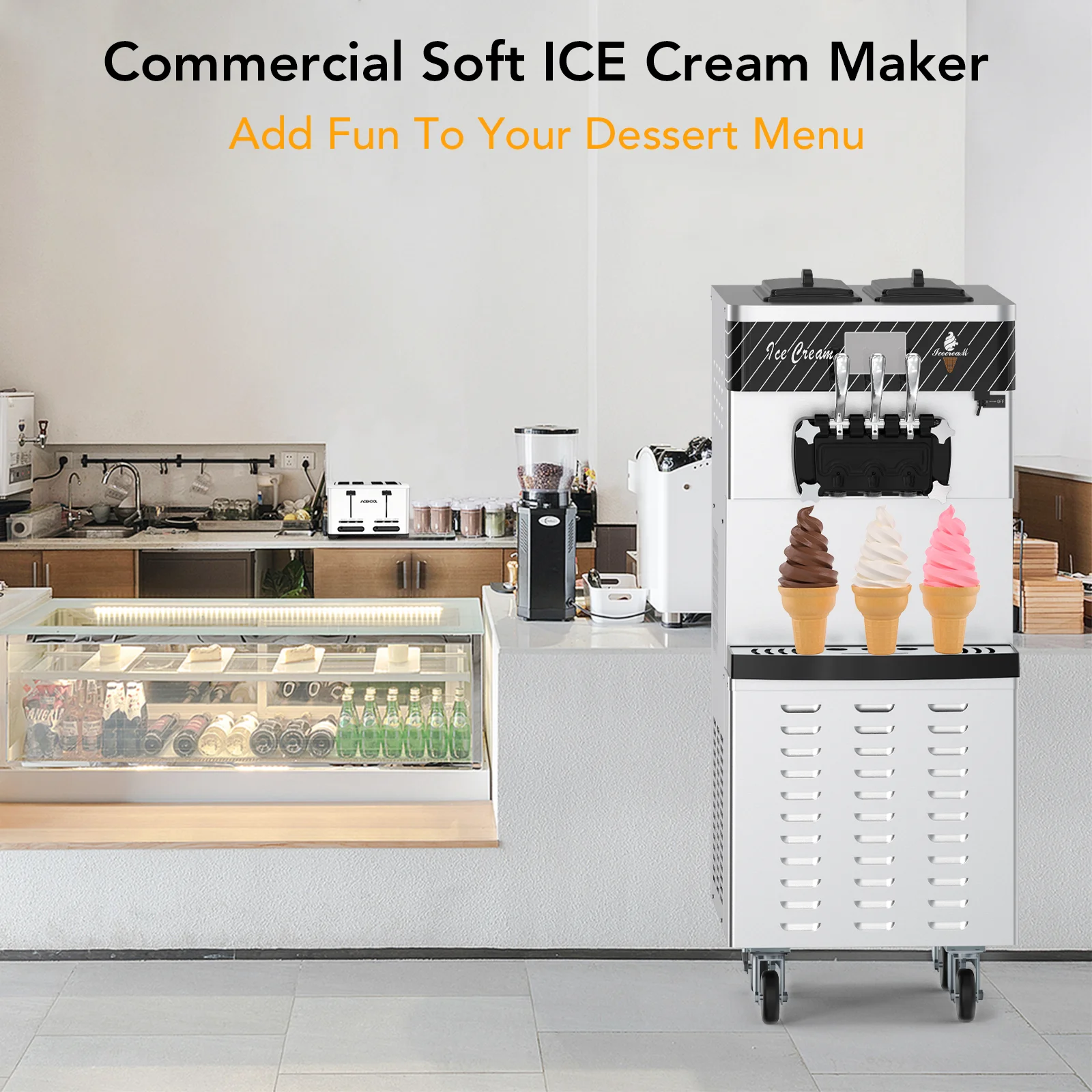 Commercial Ice Cream Maker with Two 12L Hoppers, 3 Flavors Soft Serve Machine. 2450W Soft Ice Cream Machine with LCD Panel
