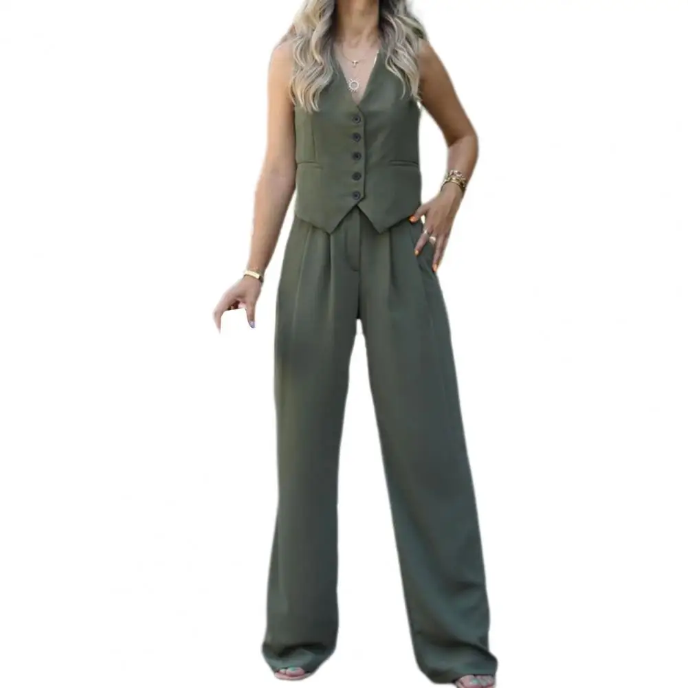 V-neck Vest Trousers Set Elegant Women's Vest Pants Set for Office Wear V Neck Top with High Waist Wide Leg Trousers for Work