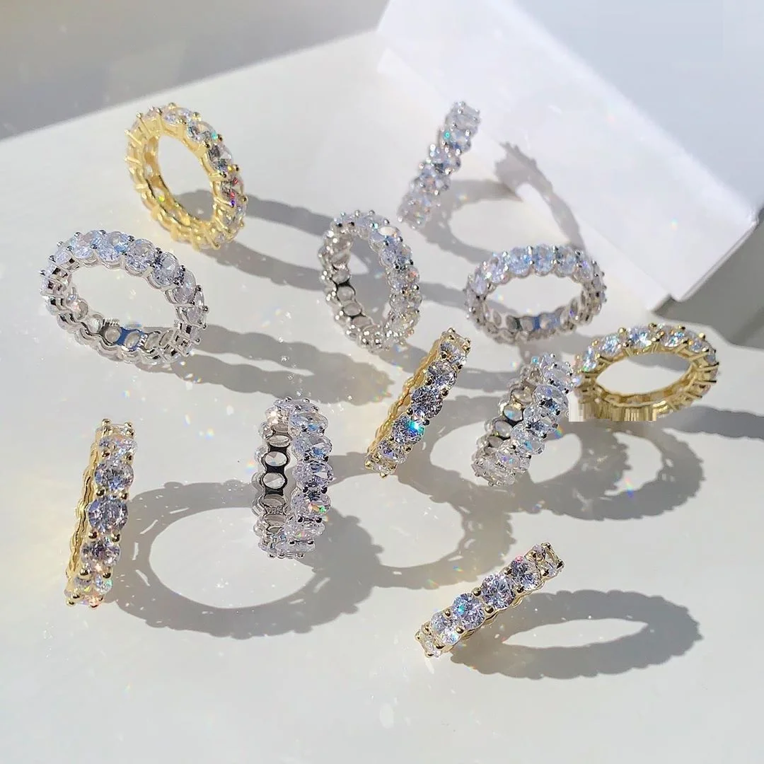 Luxury 925 Sterling Silver jewelry 18K Gold plated Diamond Iced Out baguette  Eternity Rings CZ Gemstone Tennis Ring For Woman