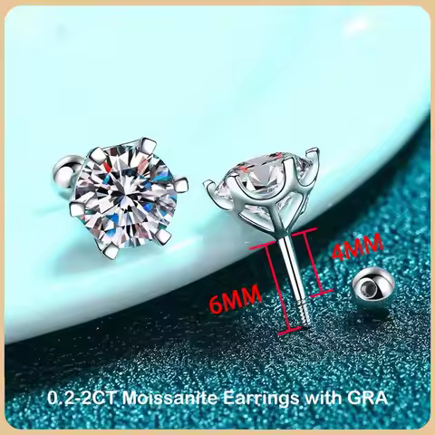 BIJOX STORY Women's Moissanite Screw Stud Earrings D Color 925 Sterling Silver 6 Prong Diamond Wedding Fine Jewelry