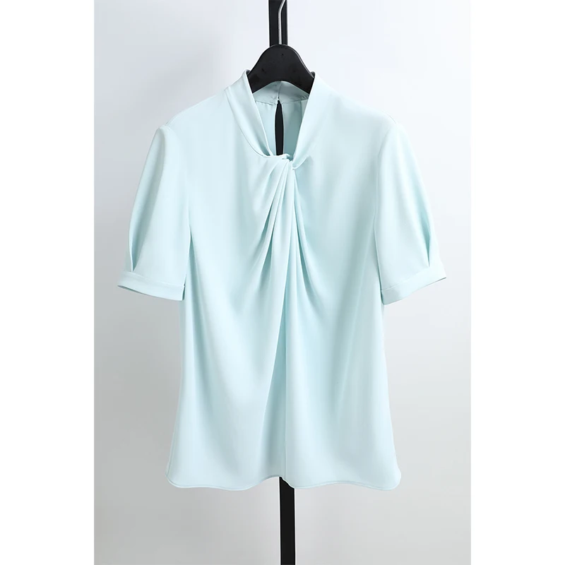 

Casual Short Sleeve Shirt Elegant Pleated Collar Straight Cut Polyester Fiber Women's Top Comfortable Breathable Cool Feeling