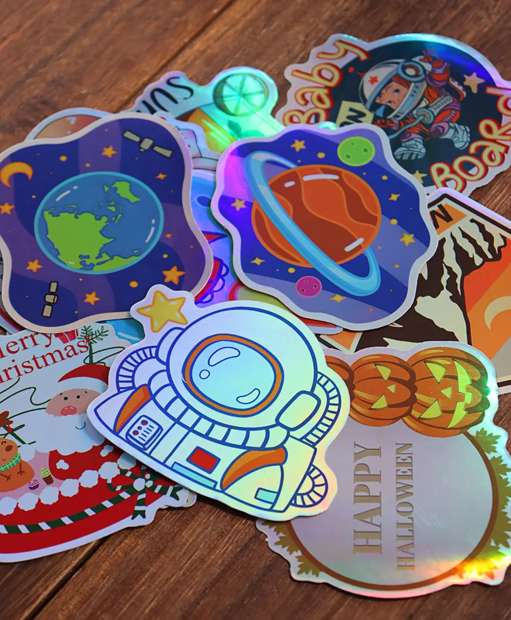Holographische Aufkleber mit individuellem Logo, wasserdicht, Laser-Silber, Anime, gestanztes Vinyl, transparent, für Laptop, Skateboard, Auto, Hochzeit – Detail 20