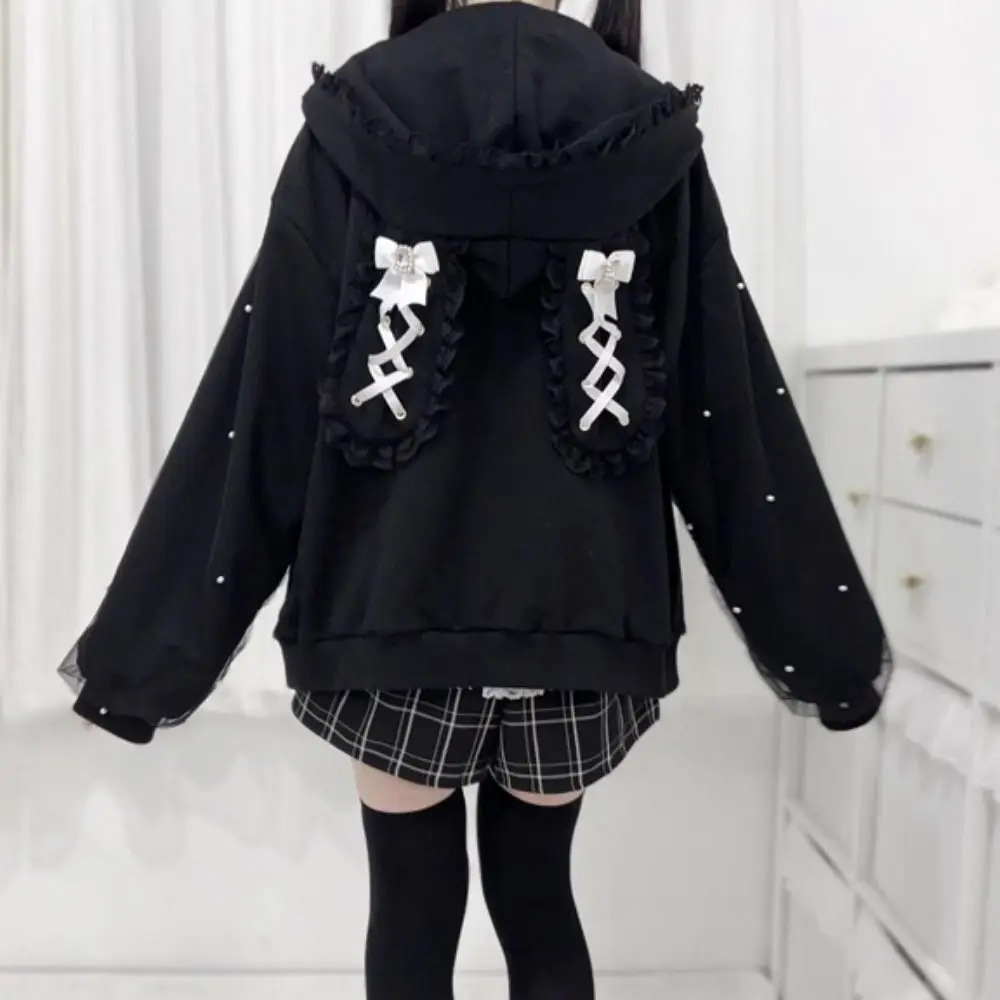 

Толстовка с длинными рукавами и ушками кролика, теплая зимняя осенняя толстовка с ушками кролика, женский топ в стиле Лолита JK, кружевное пальто с бантом для женщин