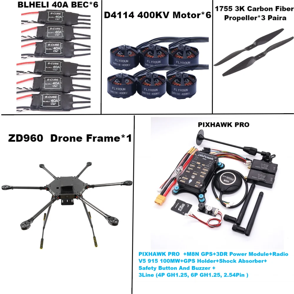 ZD960 PIXHAWK PRO M8N M9N M10 Full Carbon Fiber  Hexa-Rotor Frame BLHELI 40A ESC Flight Comtrol Rado Telemetry Set