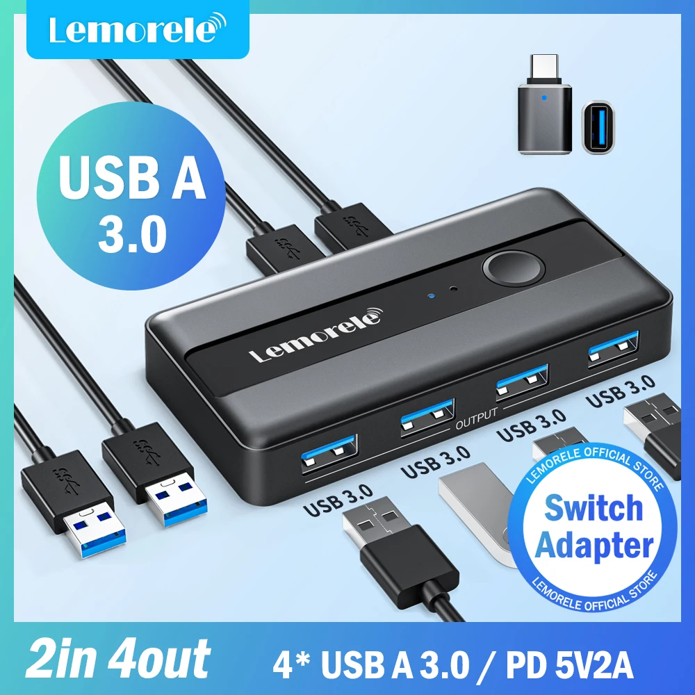 Lemorele USB KVM Switch Adapter USB 3.0 Switcher 2 Input 4 Output USB Switch KVM Switcher Printer Sharer For Computer Keyboard