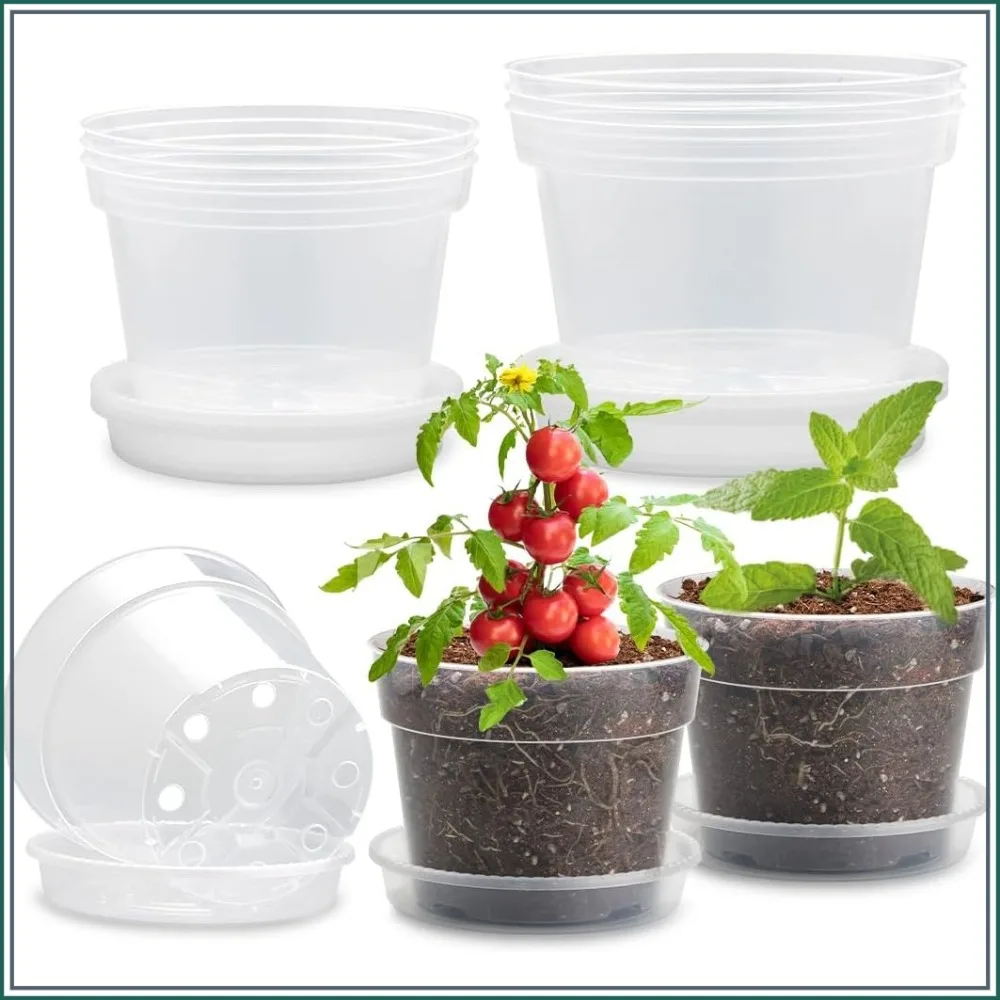 9 Pack Clear Nursery Pots with Saucers, 6/7/8 Inch, Drainage Holes, Plant Starter Pots for Succulents, Flowers, Herbs