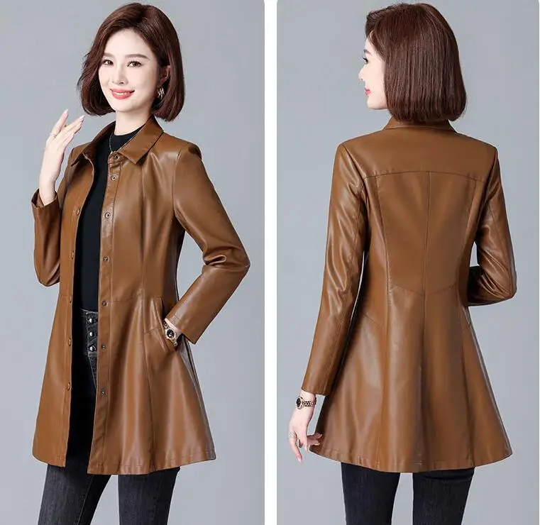 Neue Frauen Frühling Herbst Leder Mantel Lässige Mode Drehen Unten Kragen Medium Lange Lose Trenchcoat