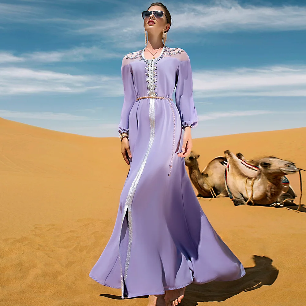 

Elegant Purple Belt Fringe Robe for Muslim Women During Ramadan, Turkish Arab Islamic Women, Moroccan Kaftan, Dubai Evening Robe