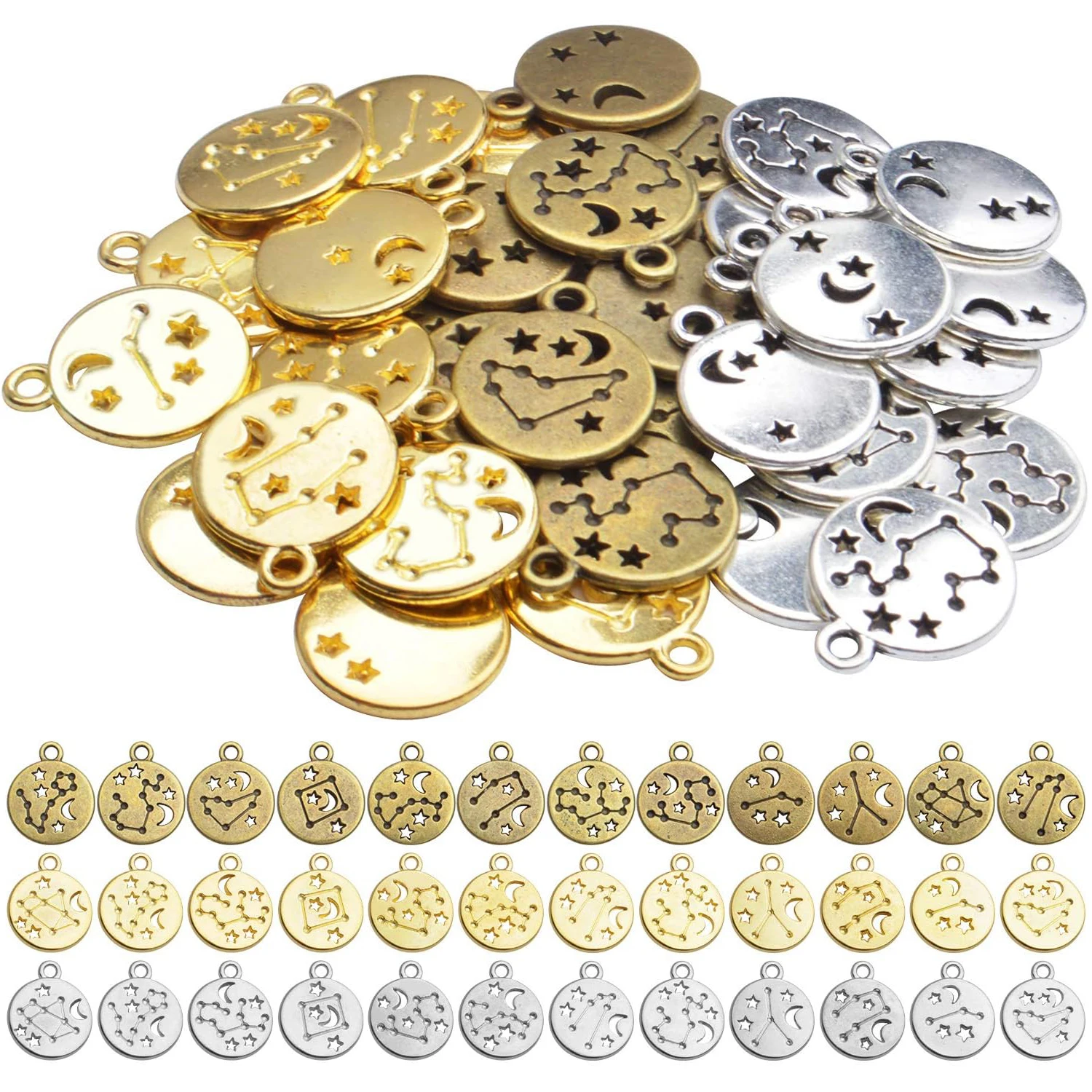 

3 Sets (36 Pieces) Zodiac Sign Charm Flat Round Metal Pendant Twelve Constellation Charm DIY Craft Supplies for Necklace