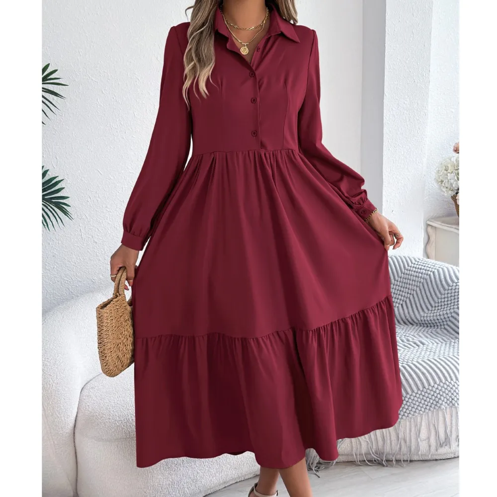 Elegant ปุ่ม Big Swing ชุดผู้หญิงฤดูใบไม้ร่วงฤดูหนาว 2025 ลําลองหลวมคอยาวแขนยาว Ruffled Patchwork เสื้อชุด