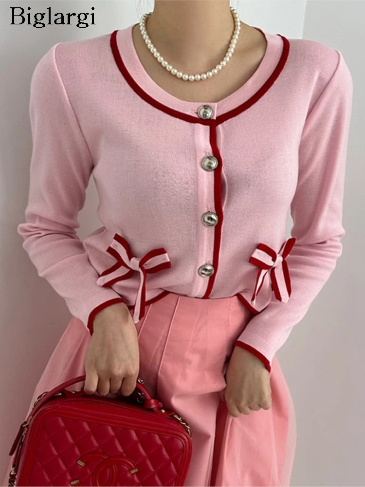 

Вязаный осенний розовый кардиган женский бант в милую полоску с принтом Modis повседневные женские укороченные кардиганы корейский стиль женский свитер топы