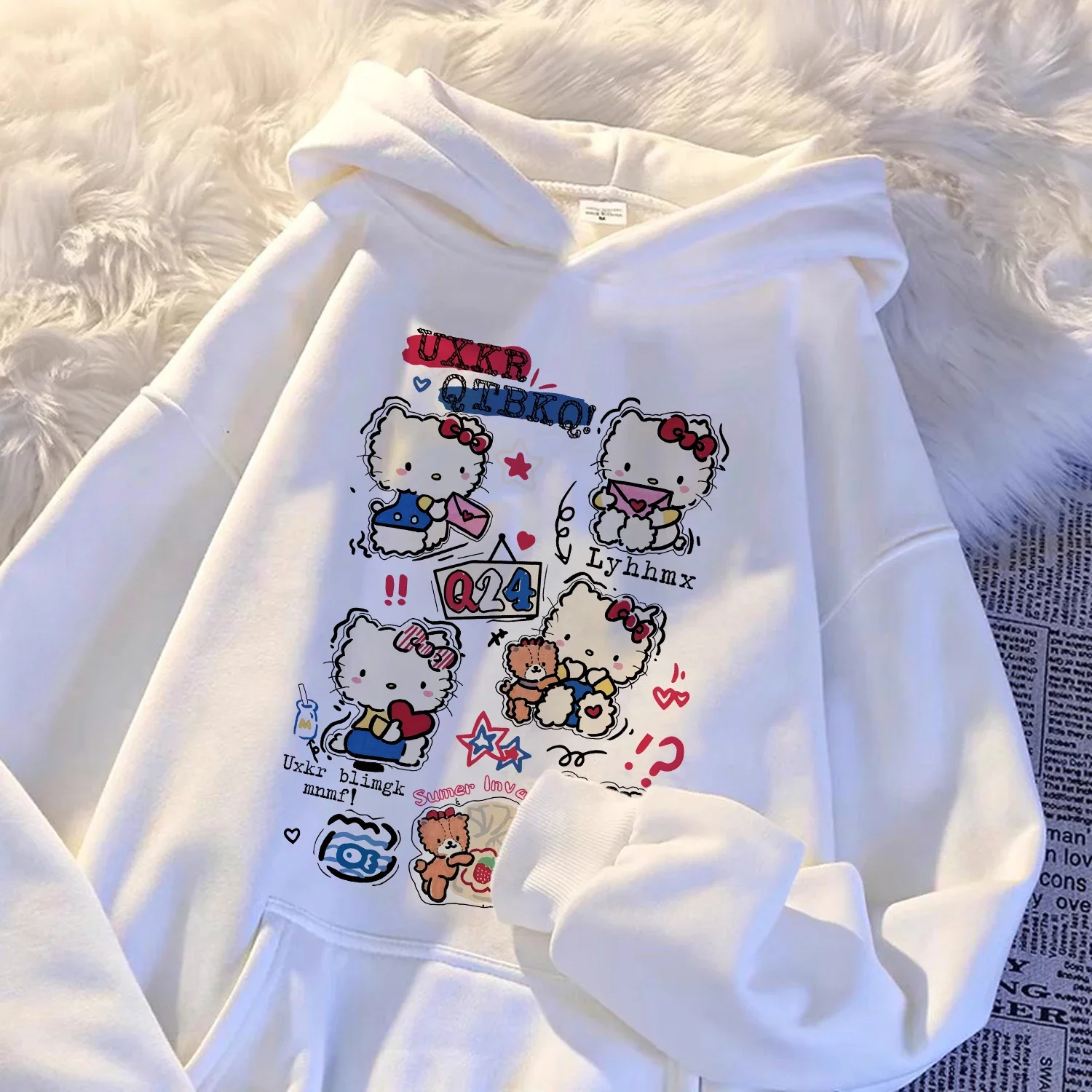 Hello Kitty Damen-Hoodie, lockerer College-Pullover, süße Cartoon-Katze, Damen-Kapuzenoberteil, Mädchen-Hoodie, modisches, trendiges Mädchen-Oberteil