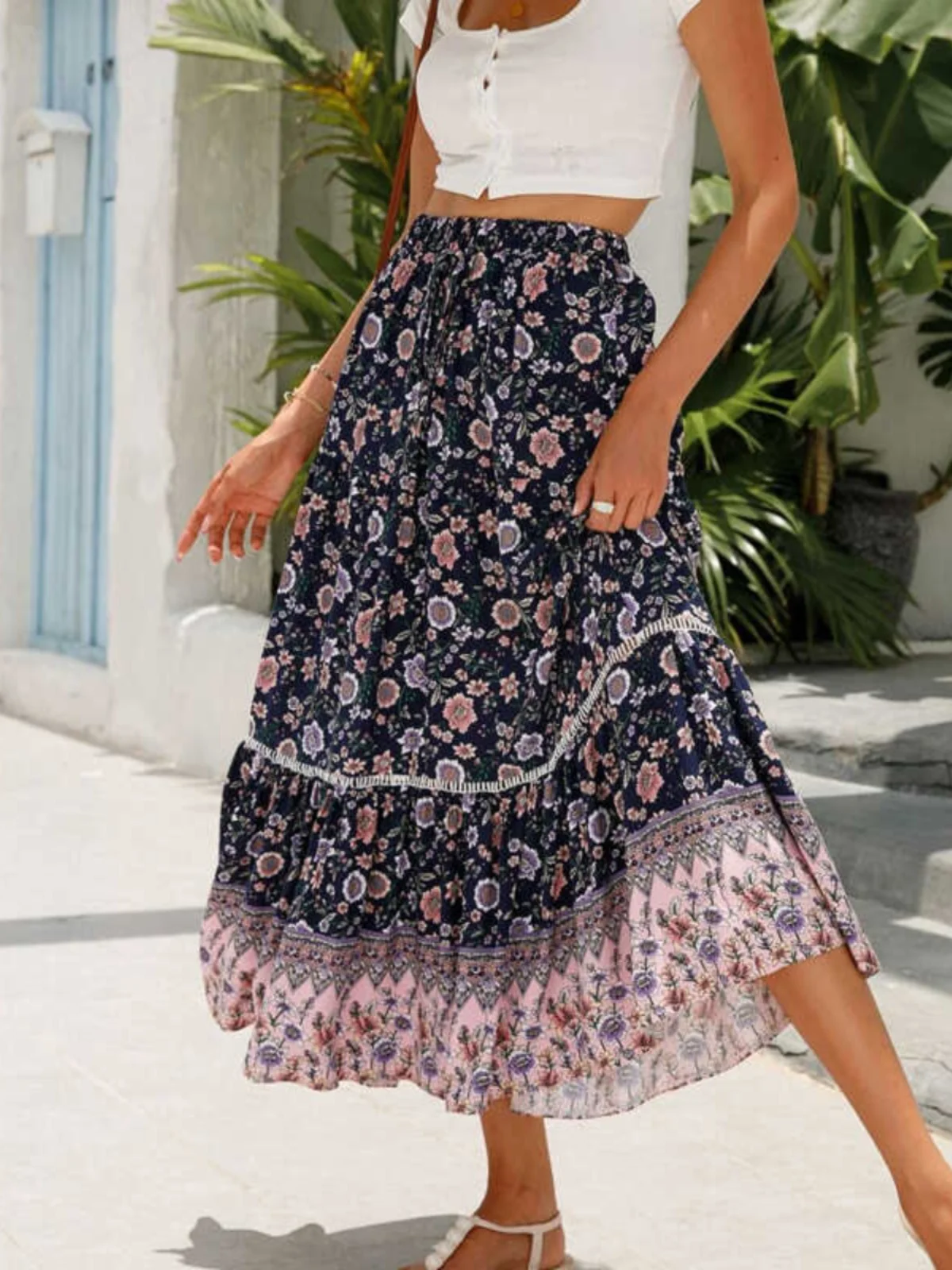 Bohemian Beach Long Skirt High Waist Travel Floral Half-length Cotton Silk Artificial Cotton Women's A-line Skirt Street Style