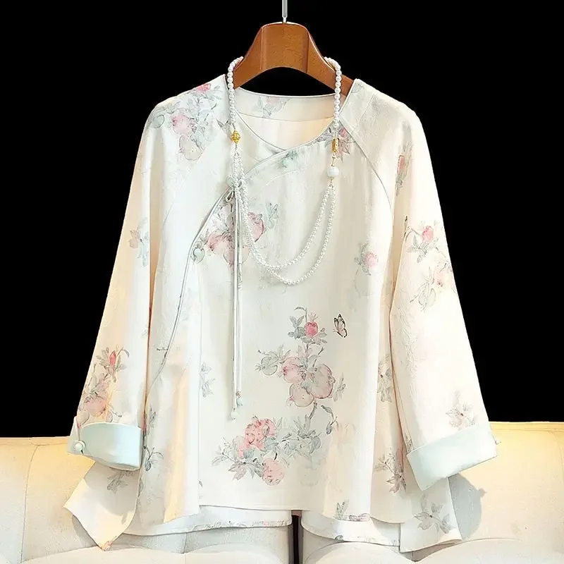 Chiffon Chinese Style Women Blouses Summer Printed Women\'s Shirts O-necks 2024 Clothing Sales Loose Long Sleeve Flower Tops