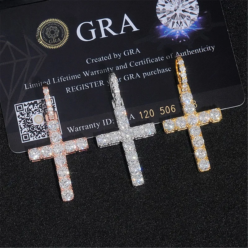 925 Sterling Silver 4mm Moissanite Cross Pendant for Men Hiphop Jewelry D Color Diamond Religious Tennis Pendant Pass Tester