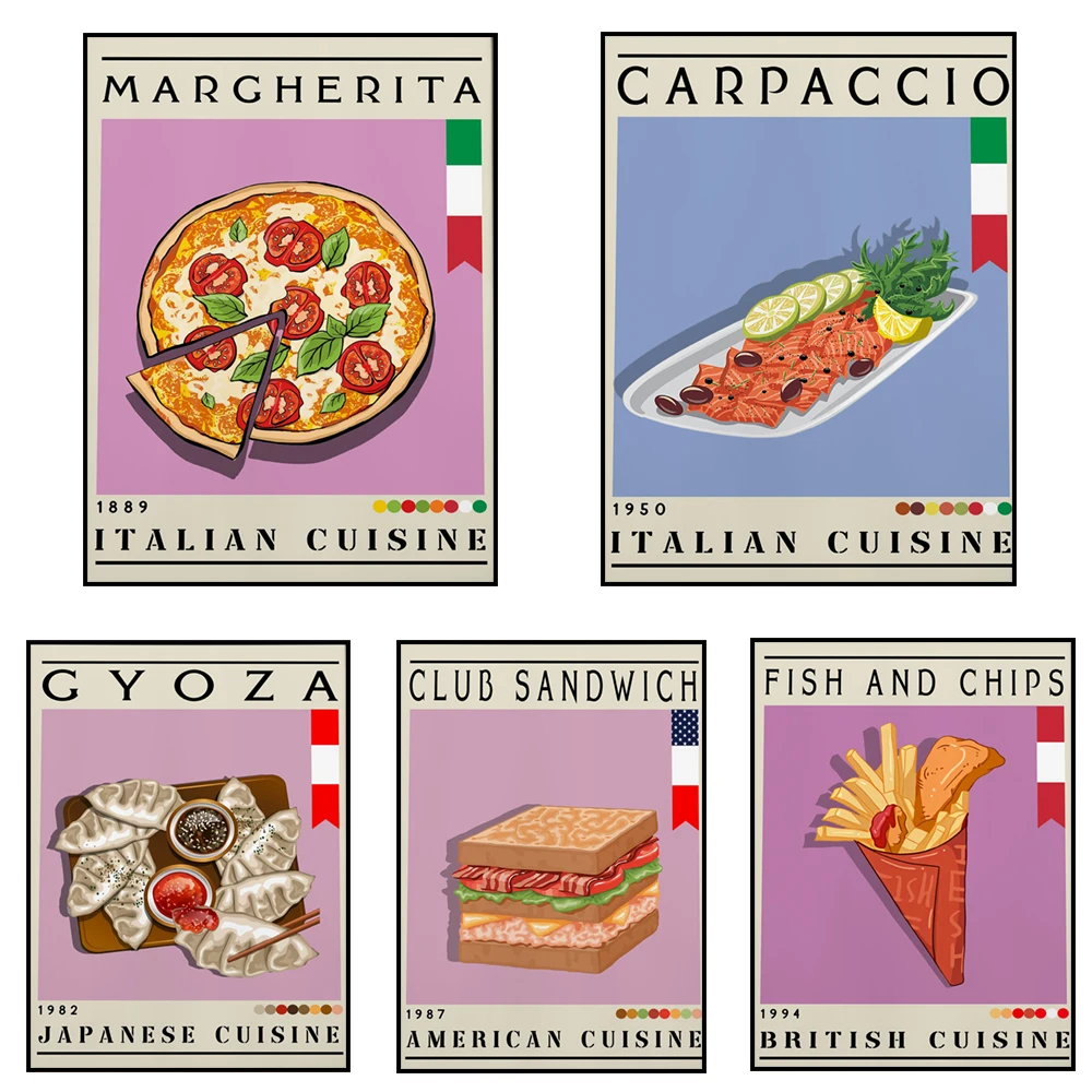 Fish and Chips Reino Unido, raviolis, Carpaccio Italia, Club Sandwich EE. UU., albóndigas japonesas, cartel impreso de comida, decoración de cocina