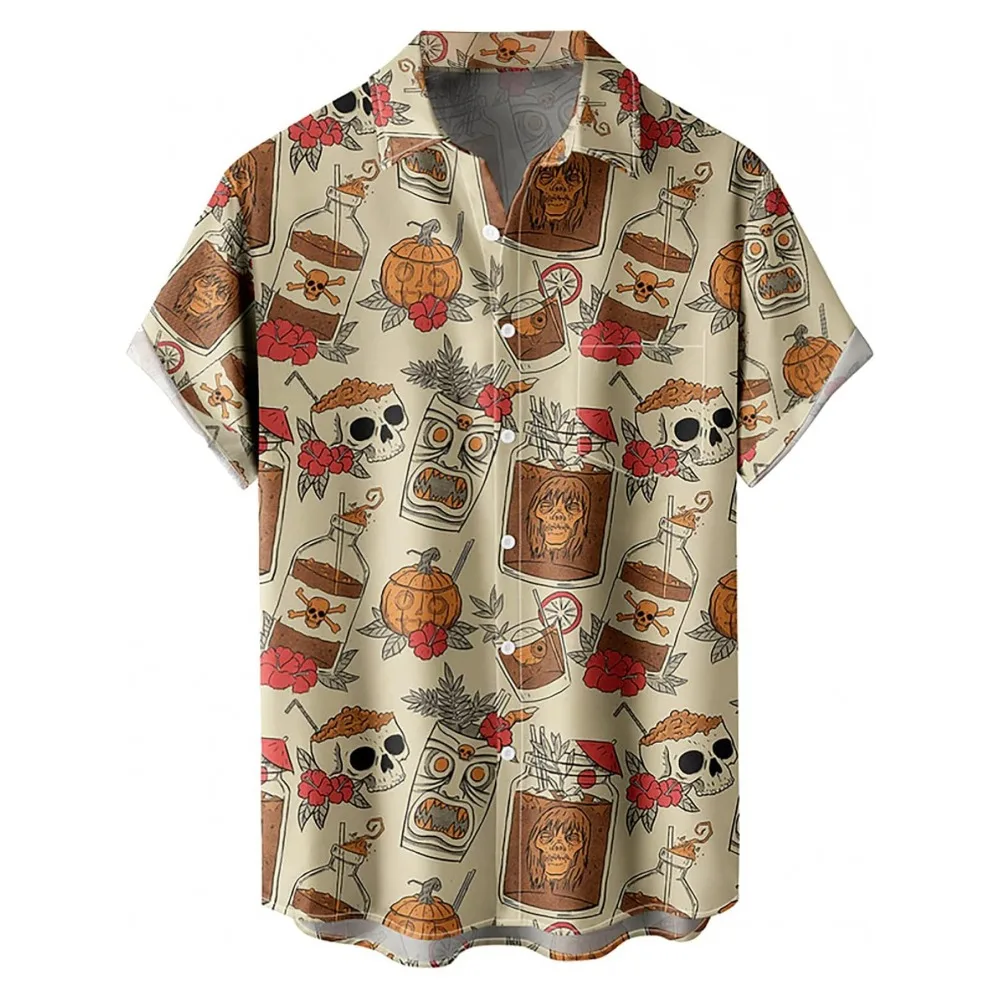 Men 3D All Over Print Halloween Skull Pumpkin Tiki Mask Cocktail Bottle Hibiscus Floral Hawaiian Short Sleeve Beach Party Shirt