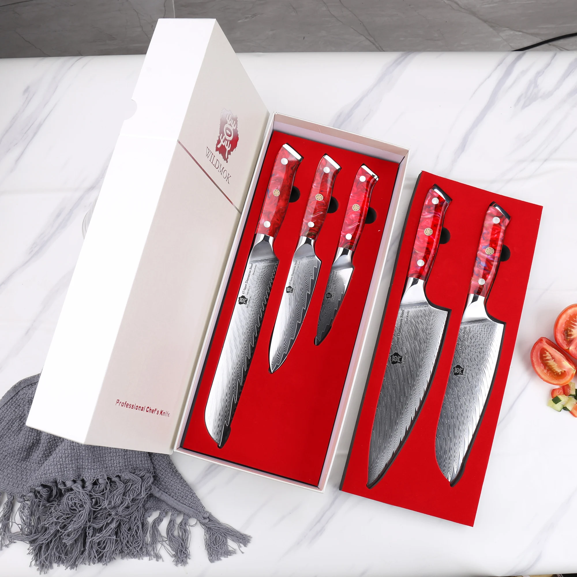 WILDMOK Damascus Kitchen Knife Set 5 Pcs ,Sharp Japanese Steel Blades,Full Tang  Resin Handle with Gift Box