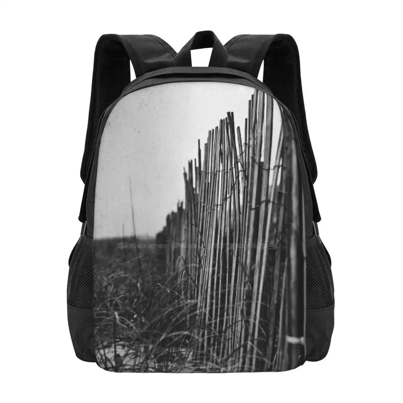 Quiescence School Bag Big Capacity Backpack Laptop Fence Dunes Beach Ocean Sea Crooked Dark Simple Minimal Black White Mono Ttv