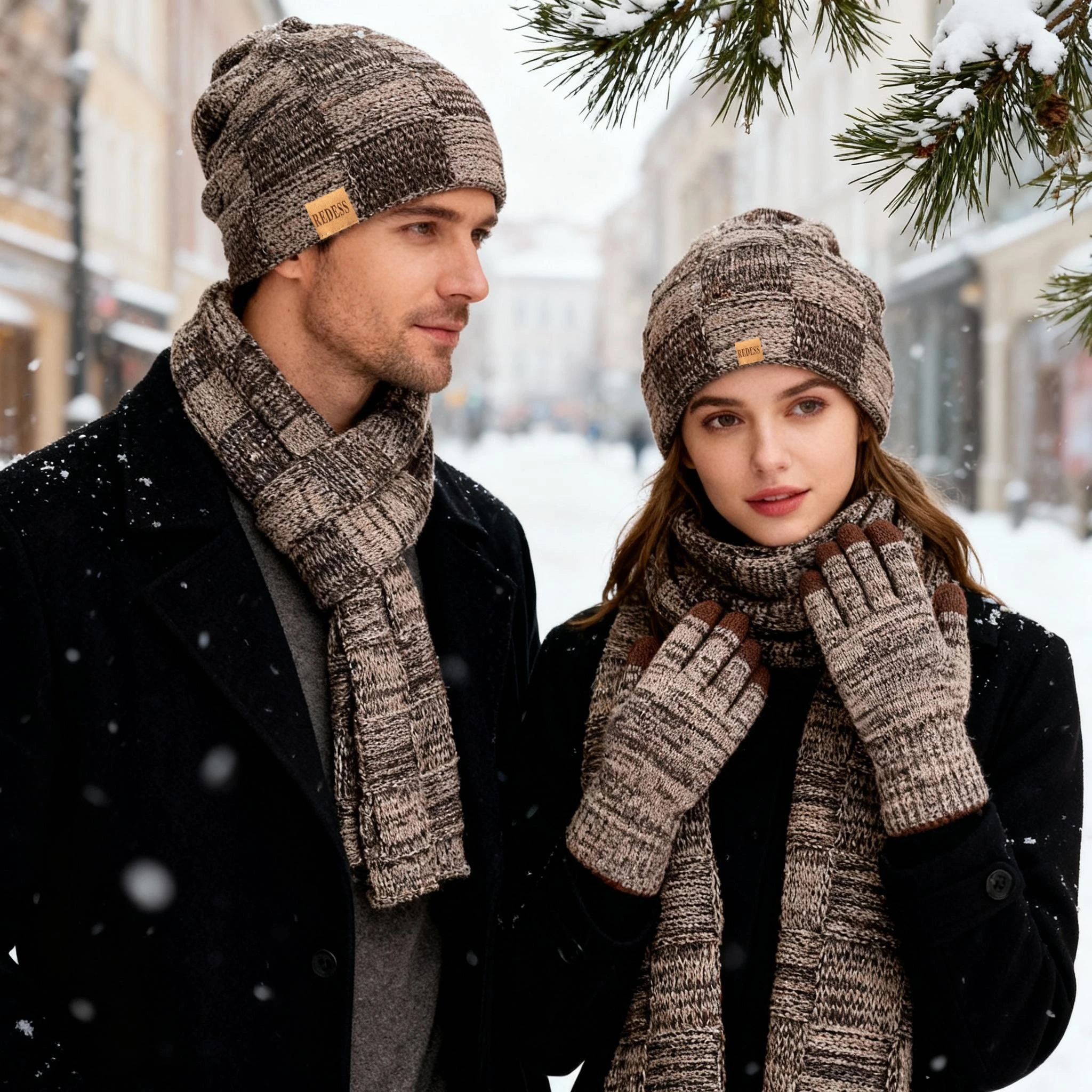 

3Pcs Men Women Winter Hat Scarf Gloves Set Warm Fleece Lined Knitted Beanie with Touch Screen Gloves for Cold Weather Daily Wear