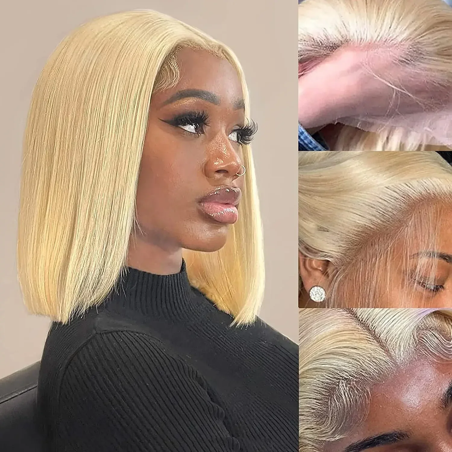 613 Blonde Straight Short Bob 13x4 13x6 Full Frontal HD Transparent Lace Human Hair Wigs Pre Plucked Human Hair Wig For Women