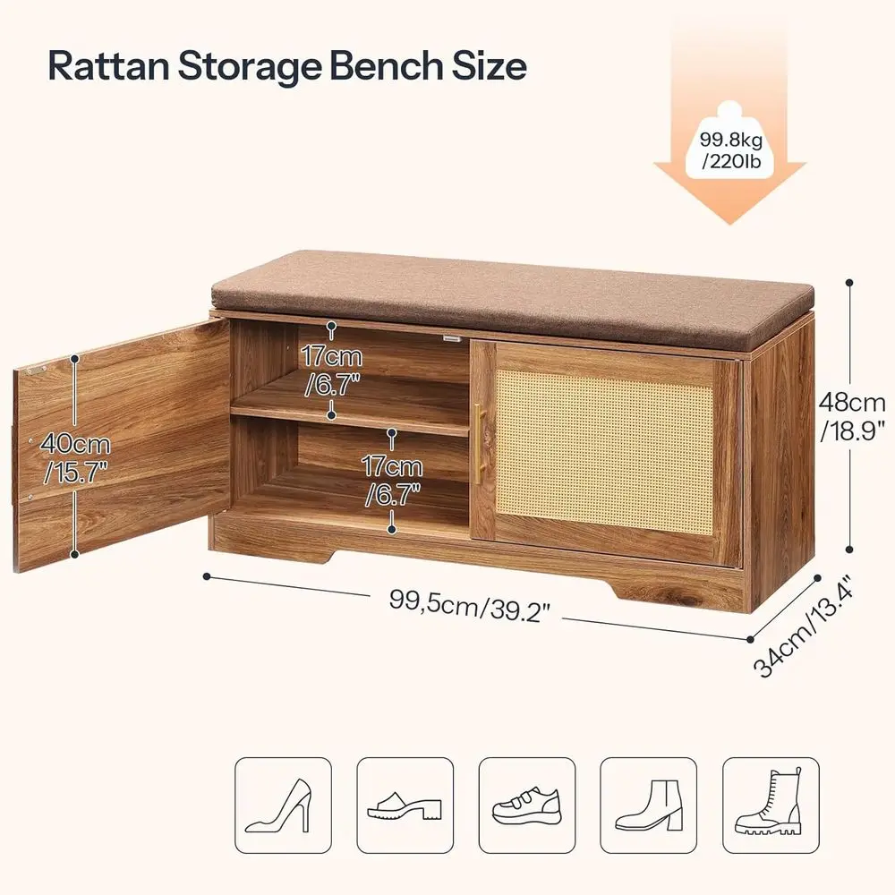 Panca portascarpe in rattan con cuscino, organizer in legno a 2 ante, 39,2 L x 13,4 L x 18,9 A, ideale per ingresso e camere da letto