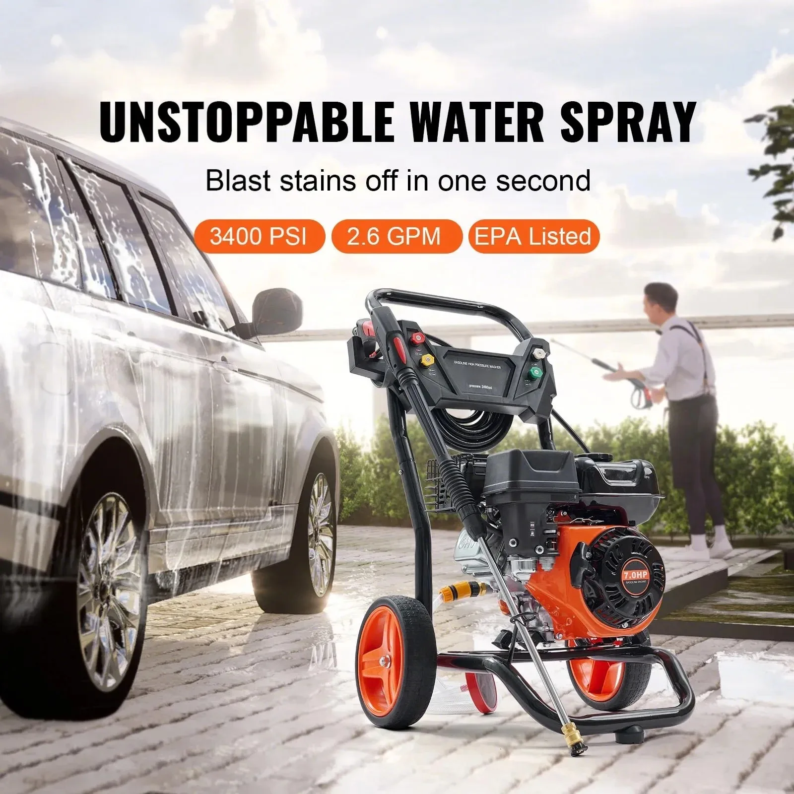 Sihao Aluminum Pump Gas Pressure Washer 3400 PSI 2.6 GPM with Spray Gun Extension Wand for Home Commercial Cleaning