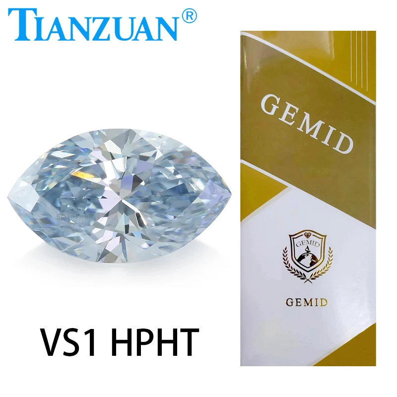 Lab Grown Diamond HPHT Marquise Shape Fancy Blue Color 0.74CT VS1 2EX Loose Gemstone Bead with GEMID Certified