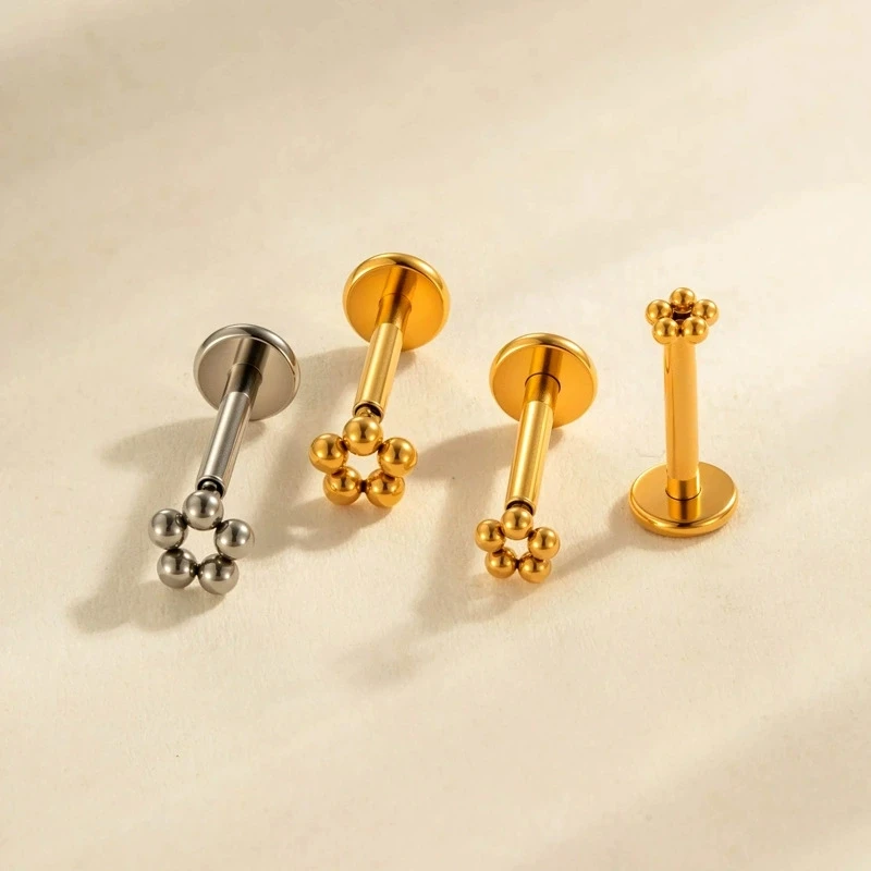 1PC G23/F136 Titanium Lip Labret Piercing Jewelry 2.5-4mm Bead Flower Shape Internally Threaded Flat Back Cartilage Stud Earring
