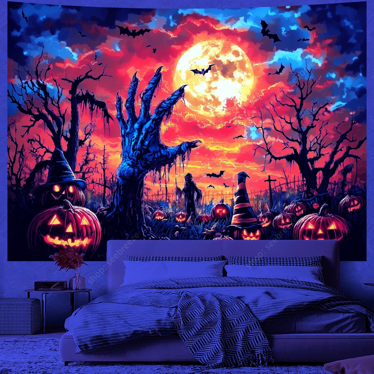 Halloween Themed Wall Art UV Reactive Tapestry Pumpkin Day Decorative Wall Hanging Festival Decoration Props Gift for Friends
