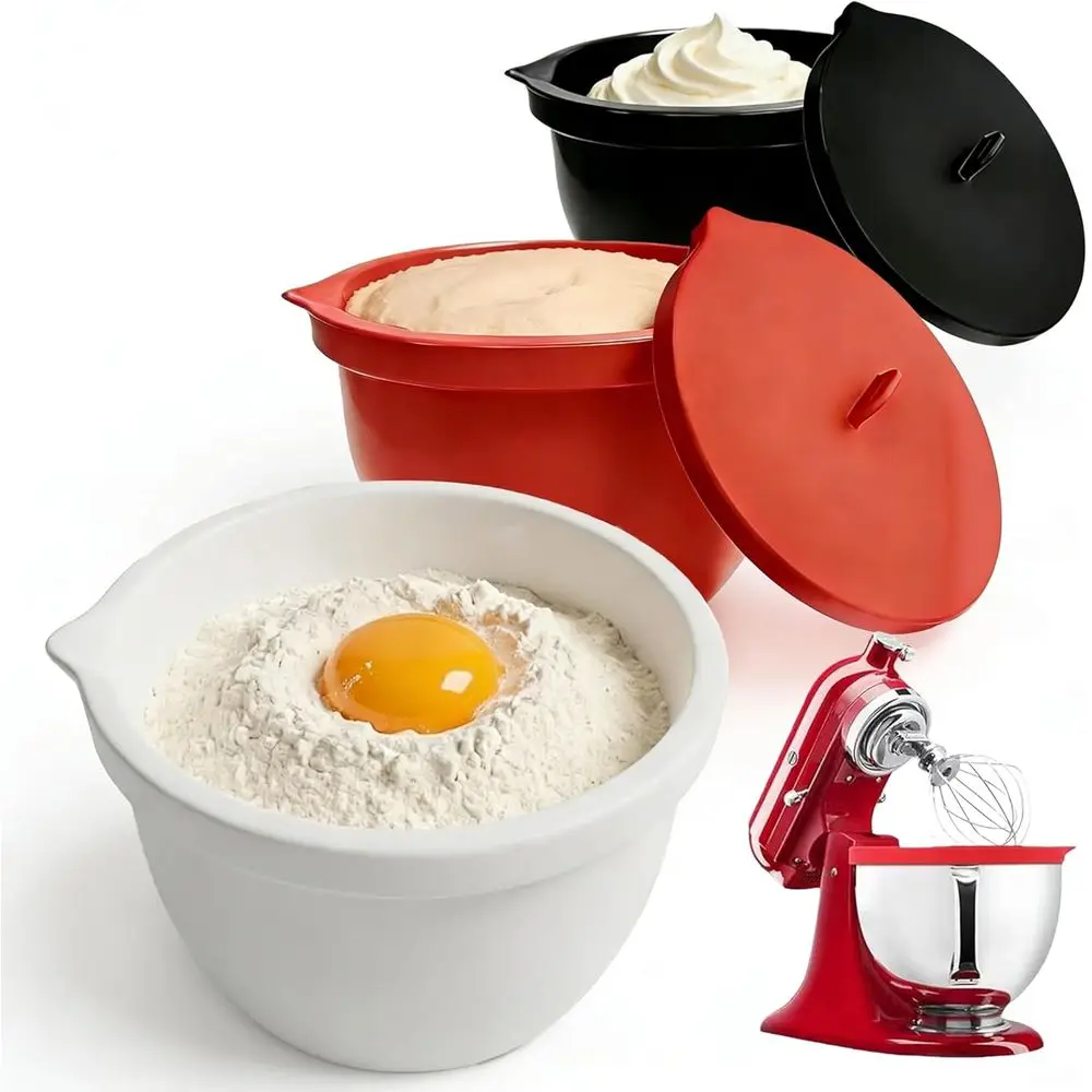 

5 Quart Mixing Bowls with Lids, Silicone Liners, Kitchen Mixer Accessories, Dishwasher Safe (3 Pack)