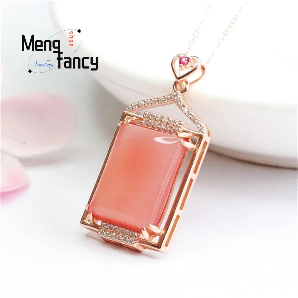 S925 Silver Lnlaid Natural Salt Spring Agate Ping An Wushi Square Plaque Pendant Charm Elegant High-grade Luxury Quality Jewelry