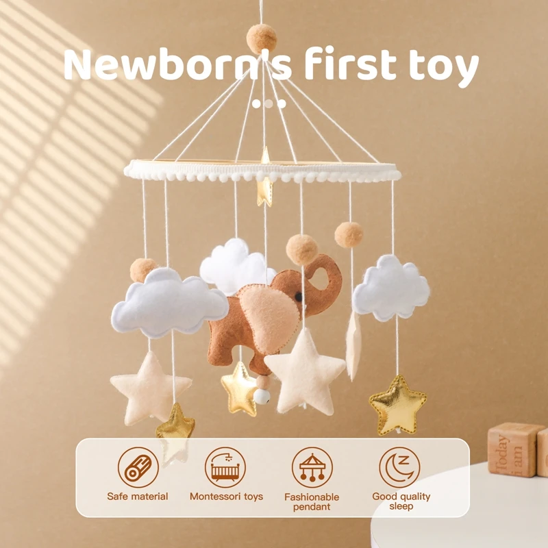 Baby Cute Elephant Mobile Hanging Rattles Toy Wooden 0-12 Months Bed Bell Hanger Crib Mobile Bed Bell Wood Holder Arm Bracket