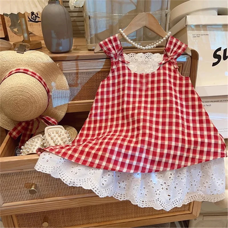 Baby Girl Dress Summer Red Checkered Girl Vacation Dress Cute Beach Princess Dress With Hat