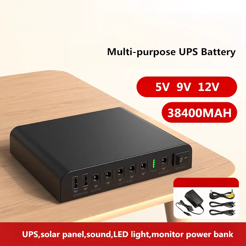 

UPS 12V 9V 5V 38400MAH Li ion Battery for Router/monitor/cellphone/LED lights Multi-Purpose Power Bank 7 output ports